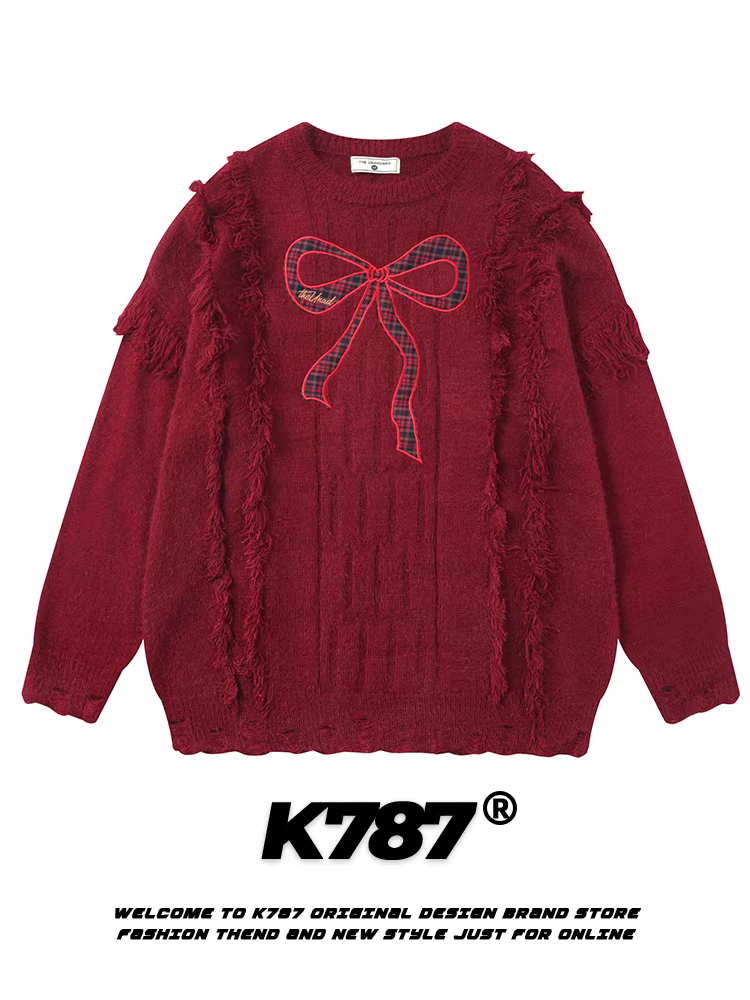 K787 Áo len dệt kim kiểu cổ điển thêu kiểu cổ điển dành cho nam và nữ, áo len cặp đôi phong cách lười biếng cổ điển