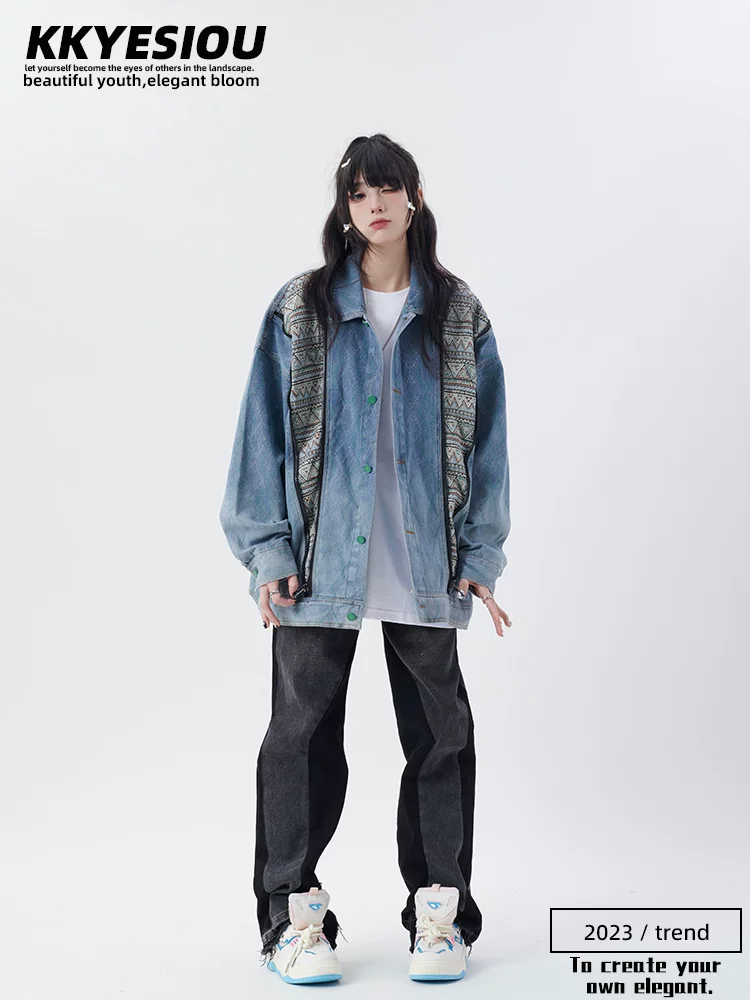 Áo khoác denim nam phong cách retro Mỹ, kiểu dáng dân tộc, phối nhiều chất liệu, kiểu dáng thường ngày, áo khoác denim đã qua xử lý làm cũ, kiểu áo khoác bóng chày cổ điển