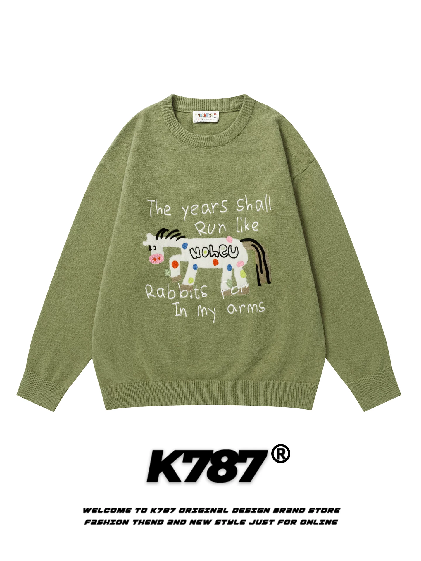K787 Áo len jacquard hoạt hình cổ điển kiểu Mỹ dành cho nam và nữ, phong cách đại học lười biếng, trang phục dệt kim thông thường dành cho cặp đôi