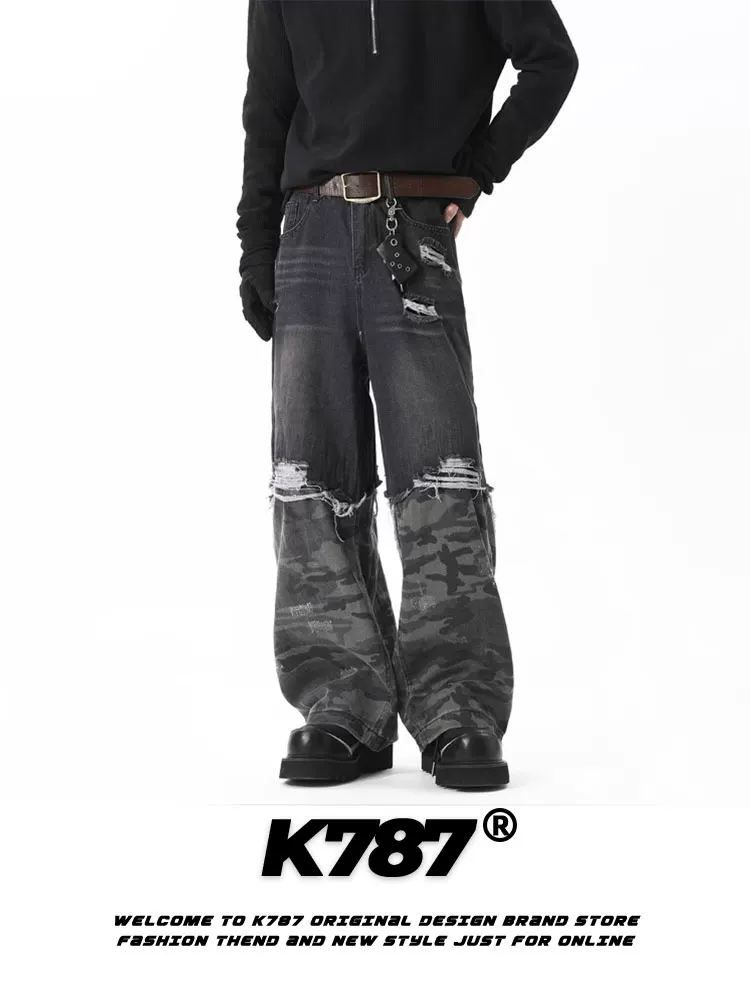 Quần jeans ống thẳng kiểu dáng casual phối họa tiết hip-hop Mỹ K787, thiết kế giả hai mảnh, họa tiết rằn ri, thêu nổi, dành cho nam và nữ.