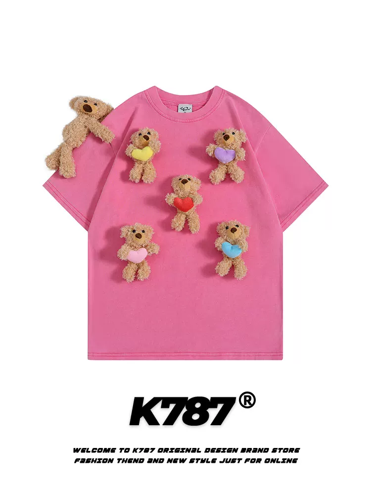 K787 Áo thun ngắn tay phong cách retro Mỹ có mặt dây chuyền hình gấu phong cách đại học unisex đa năng thiết kế giản dị áo thun cặp đôi