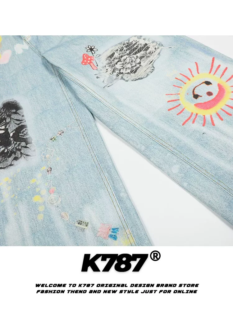 K787 Quần denim phong cách retro vui nhộn của Mỹ dành cho nam và nữ quần dáng rộng in hình trái tim dáng rộng quần thẳng