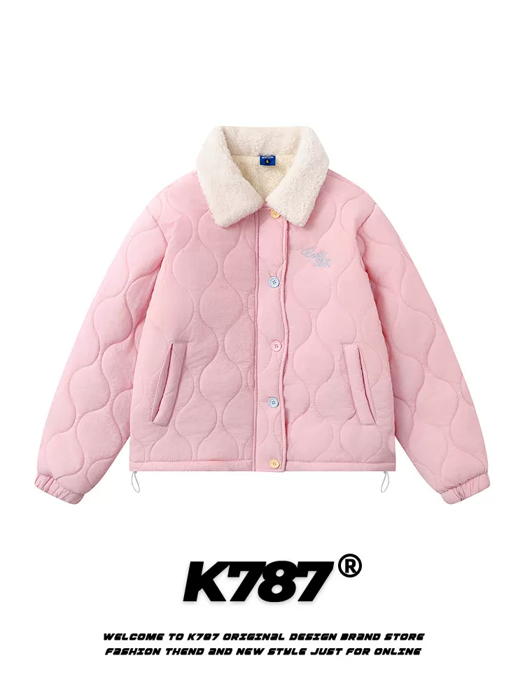 Áo khoác cotton dày lót lông cừu cổ lông nhăn kiểu Mỹ cổ điển K787 dành cho nam và nữ, phong cách preppy cổ điển, màu hồng