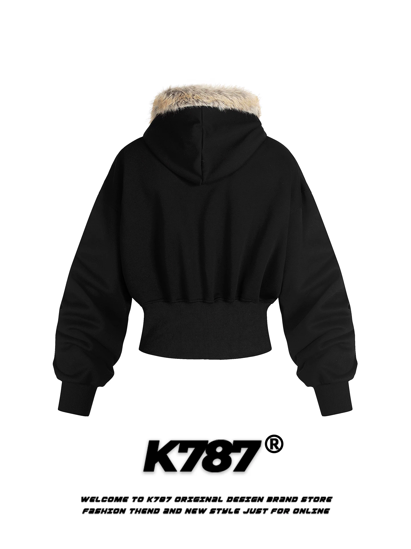 Áo khoác cardigan có mũ trùm đầu, cổ lông đính đá phong cách đường phố Mỹ K787 dành cho nữ, áo khoác ngắn có dây rút eo, kiểu dáng thường ngày cho mùa thu.