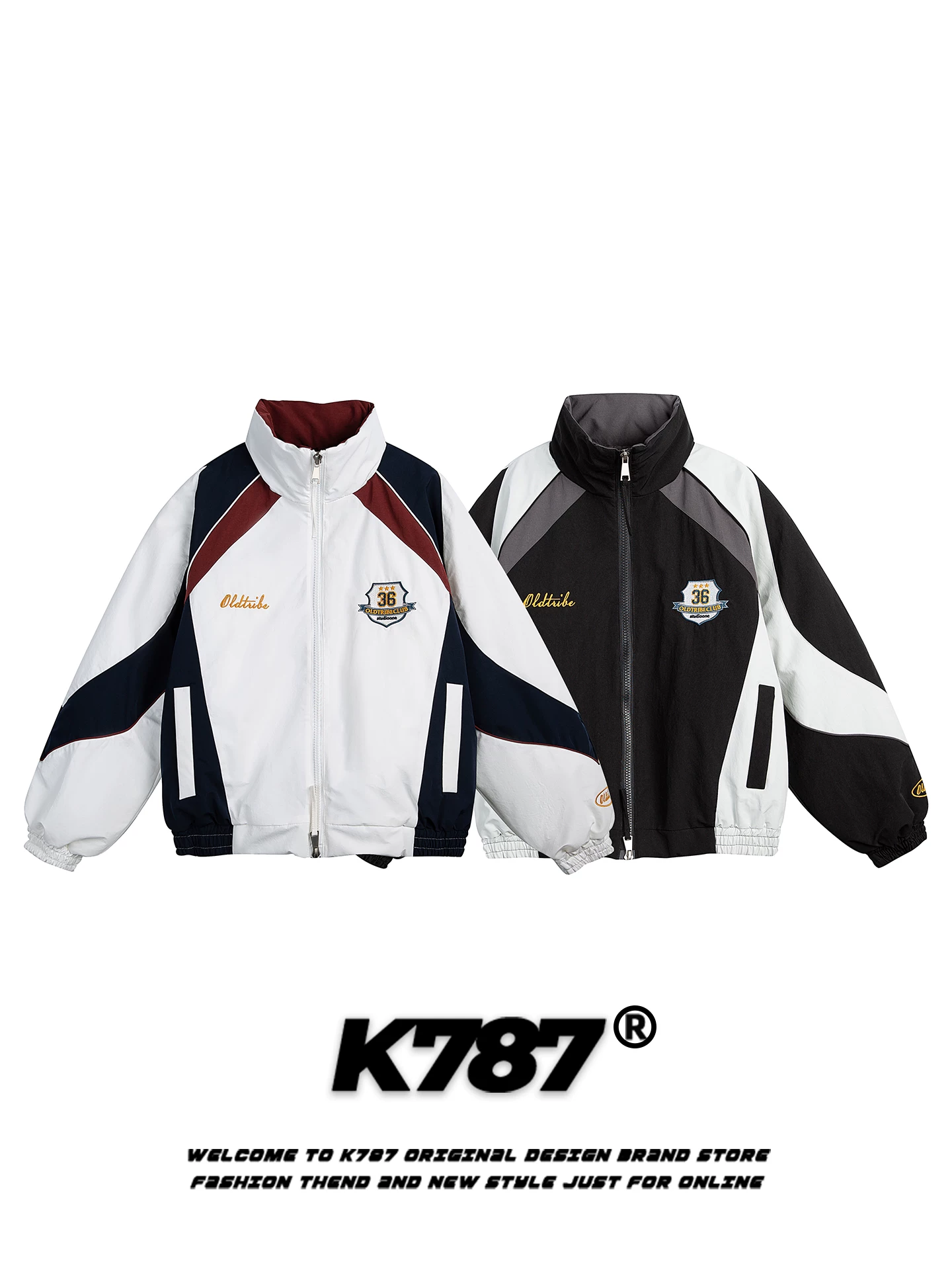 Áo khoác cotton cổ đứng phối màu thêu chữ kiểu Mỹ cổ điển K787, unisex, thời trang, thương hiệu, ấm áp, dành cho cặp đôi, có khóa kéo.