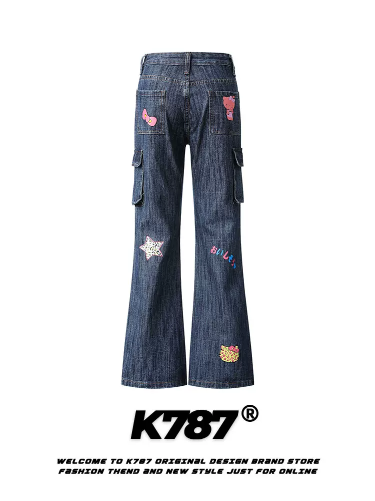 Quần jeans nữ K787 kiểu Mỹ cổ điển Hello Kitty, cạp cao, nhiều túi, cạp cao, đã qua xử lý làm mềm, đa năng, dáng rộng, ống loe