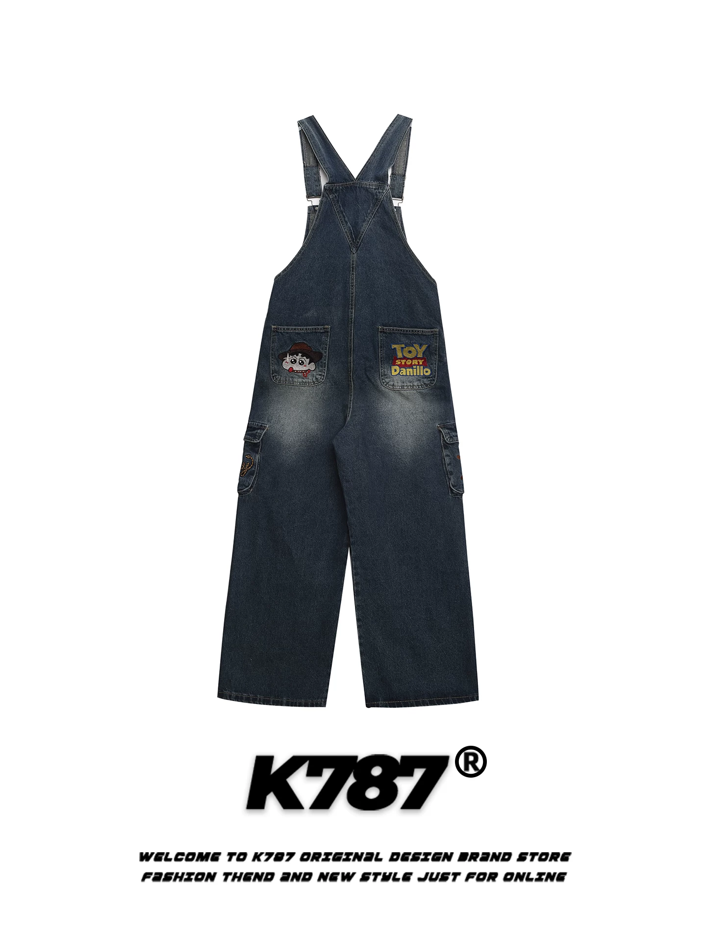 K787 Quần yếm denim thêu hoạt hình cổ điển kiểu Mỹ dành cho nam và nữ, dáng rộng, kiểu dáng thời trang đường phố.