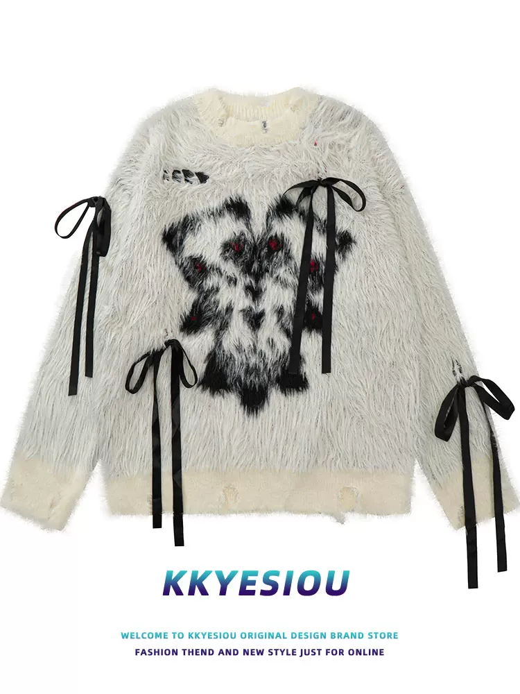 Áo len dệt kim mohair in hình hoạt hình dopamine phong cách KKyesiou, kiểu dáng lười biếng, unisex, mềm mại, có nơ