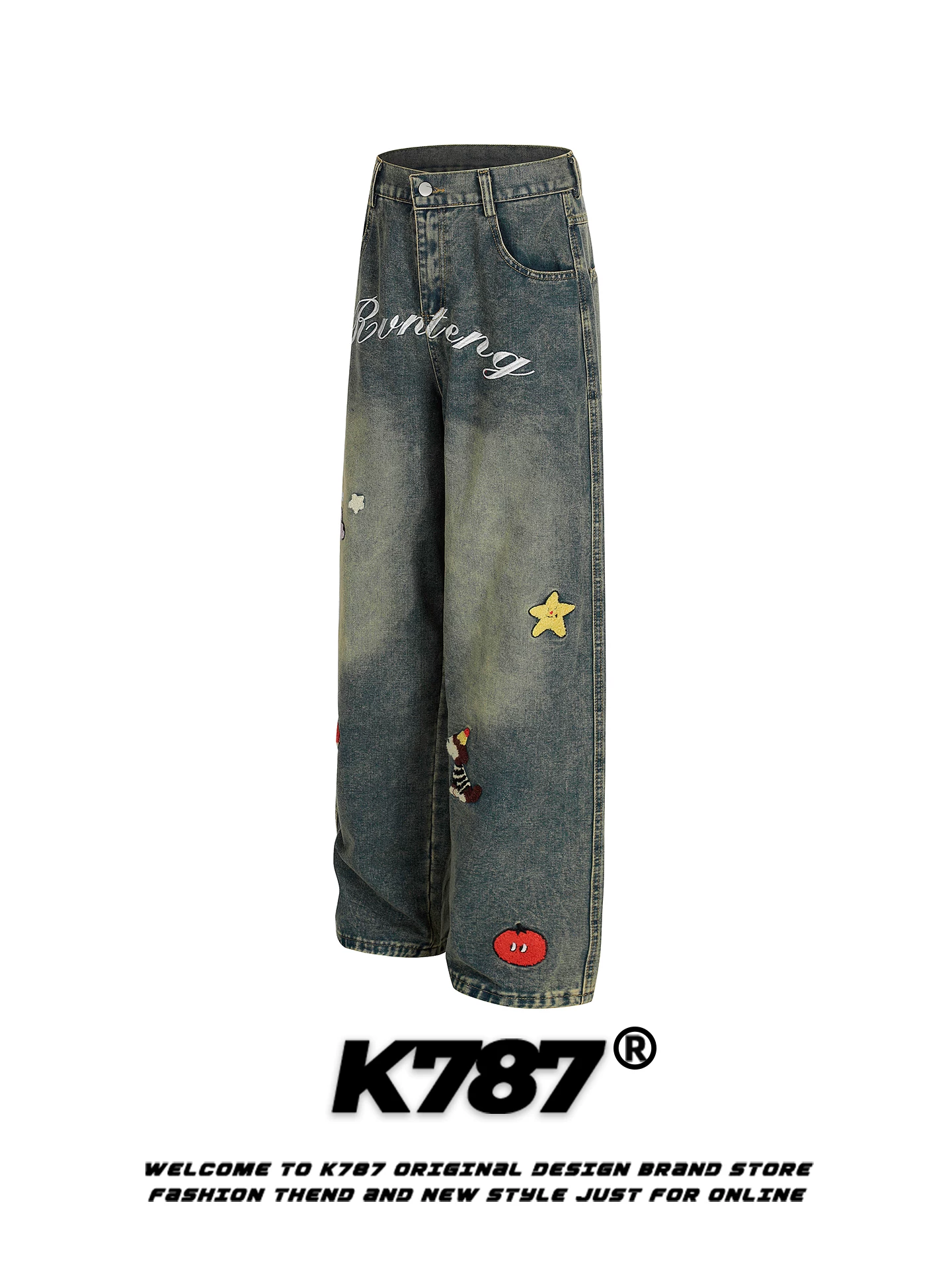 Quần jeans unisex cạp cao, dáng thẳng, chất liệu washed vintage, phong cách đường phố Mỹ, thêu hình hoạt hình chó, thương hiệu thời thượng K787.