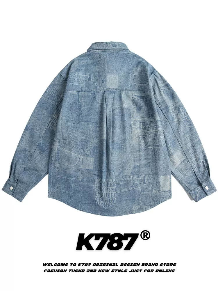 K787 Áo sơ mi dài tay denim thiết kế họa tiết cổ điển kiểu Mỹ dành cho nam và nữ áo khoác cặp đôi mỏng giản dị cổ điển