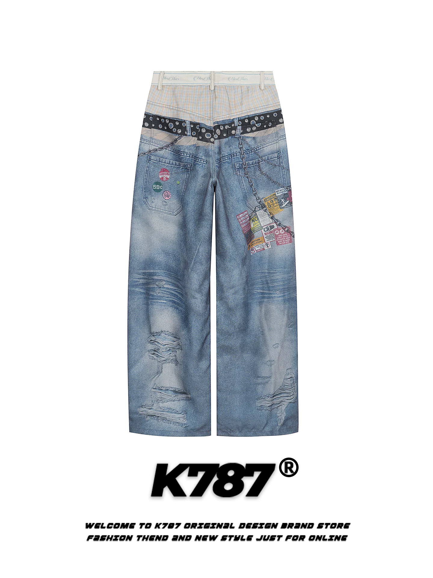 Quần jeans in họa tiết kỹ thuật số phong cách đường phố Mỹ K787, dành cho nam và nữ, thiết kế giả hai mảnh, dáng thẳng ống rộng