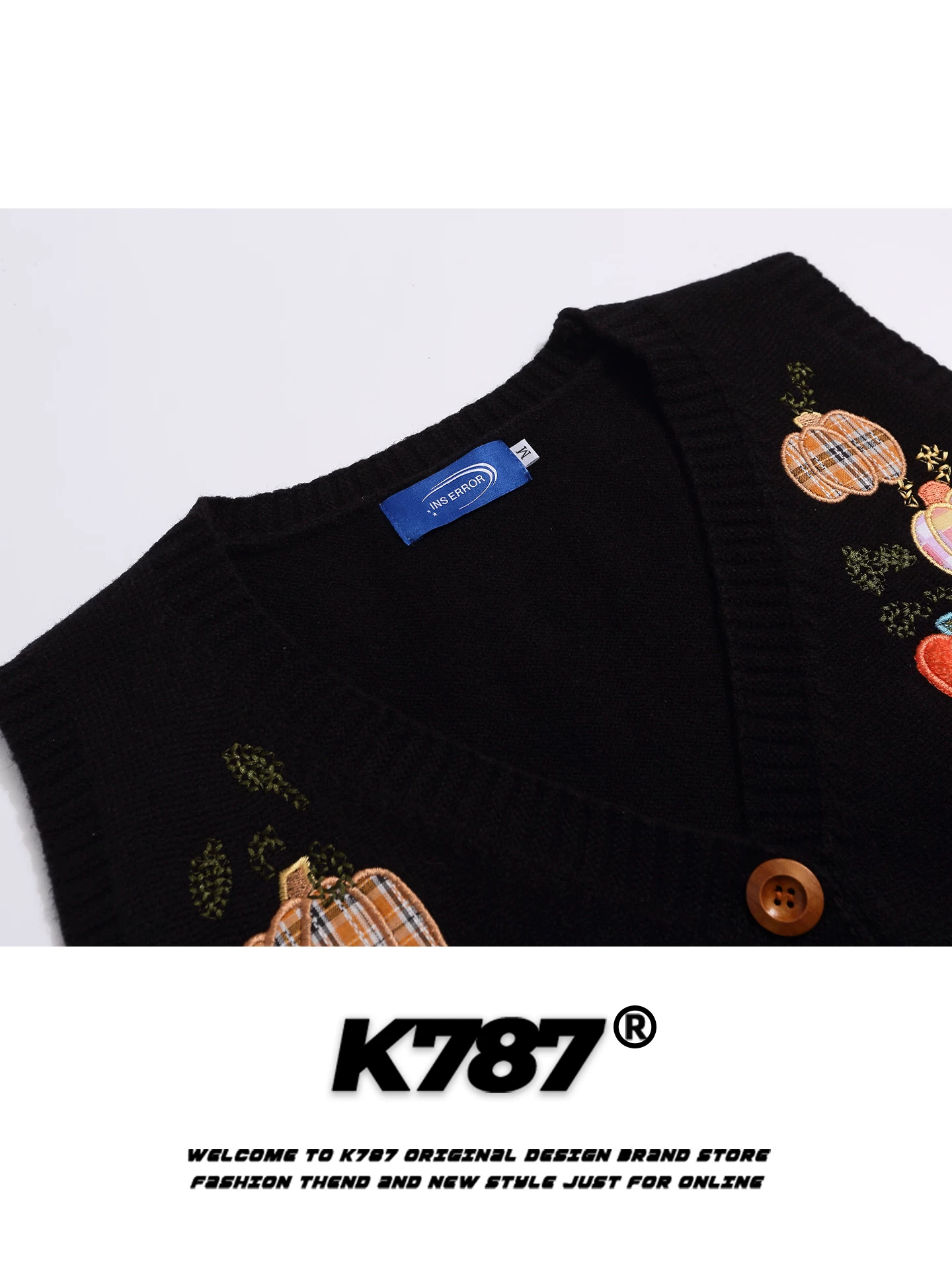 Áo cardigan thêu hình bí ngô cổ chữ V phong cách retro Mỹ K787 dành cho nam và nữ, áo khoác dệt kim nhiều lớp rộng rãi và ấm áp
