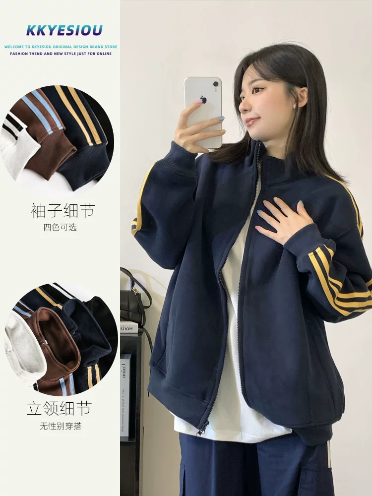 Áo khoác cardigan ba sọc thể thao phong cách retro Mỹ của KKyesiou, kiểu dáng unisex, size lớn, dành cho cặp đôi