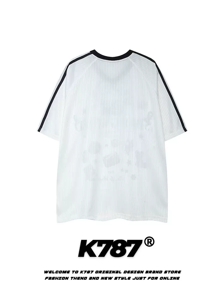K787 Áo thun ngắn tay cổ chữ V in họa tiết cổ điển kiểu Mỹ dành cho nam và nữ, áo thể thao dáng rộng, kiểu dáng đơn giản dành cho cặp đôi, áo nửa tay dành cho mùa hè