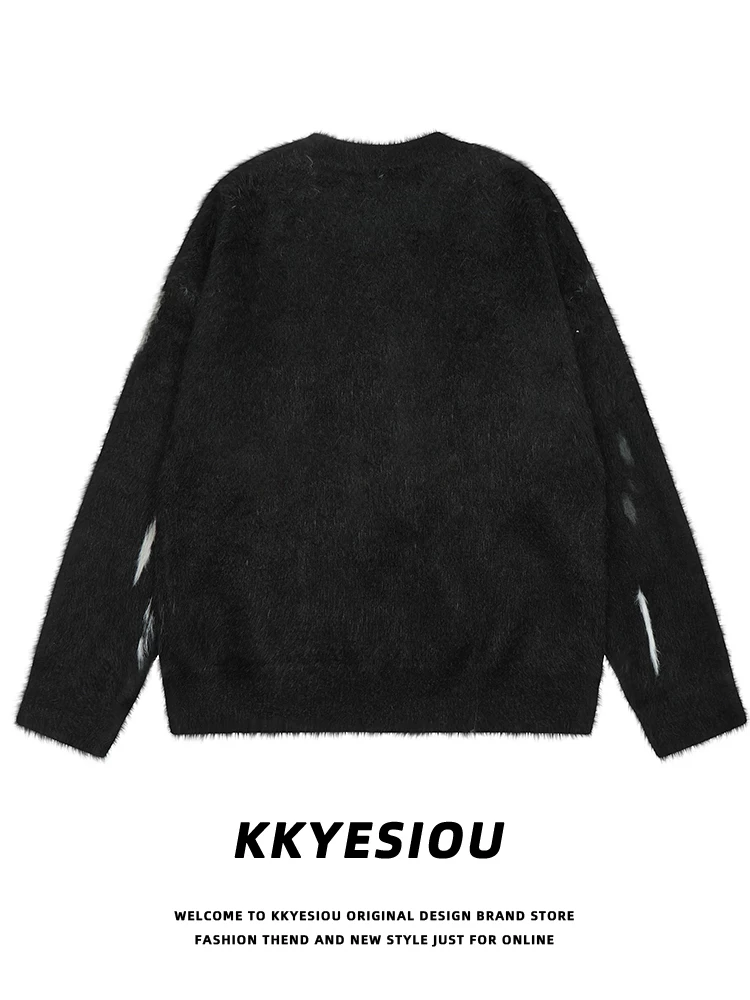 Áo len cặp đôi thiết kế jacquard mèo thời thượng thương hiệu KKyesiou, phong cách unisex, retro Mỹ, chất liệu dệt kim trung tính, cá tính.