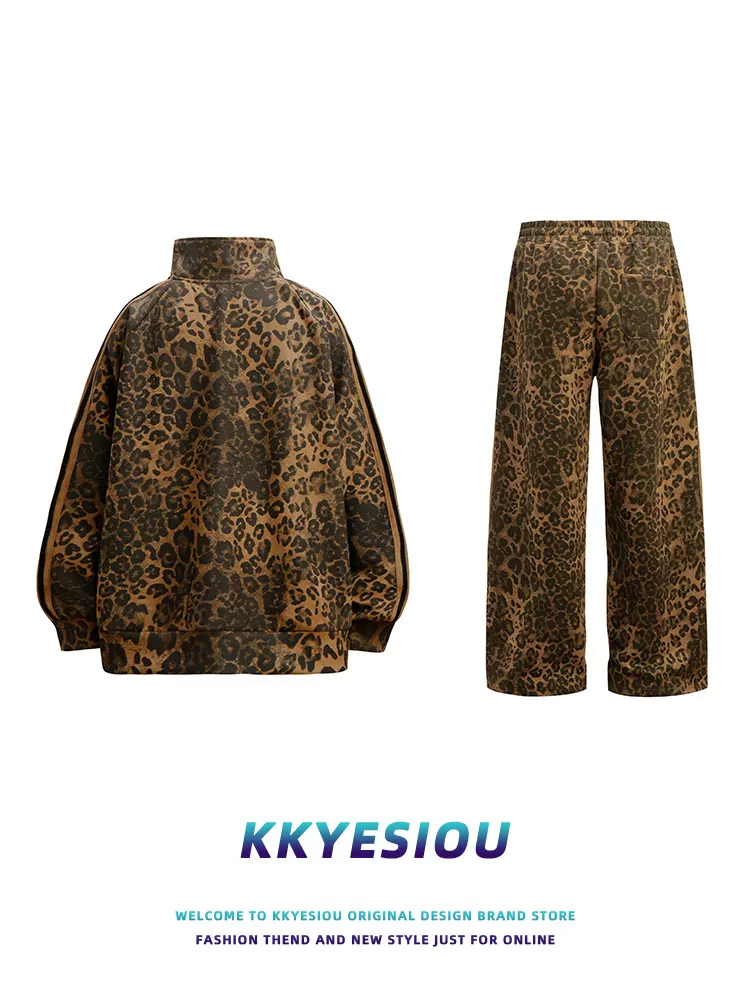 Bộ đồ hip-hop họa tiết da báo KKyesiou với áo sweatshirt cổ đứng dành cho nam và nữ, quần thường ngày, bộ hai mảnh phong cách đường phố