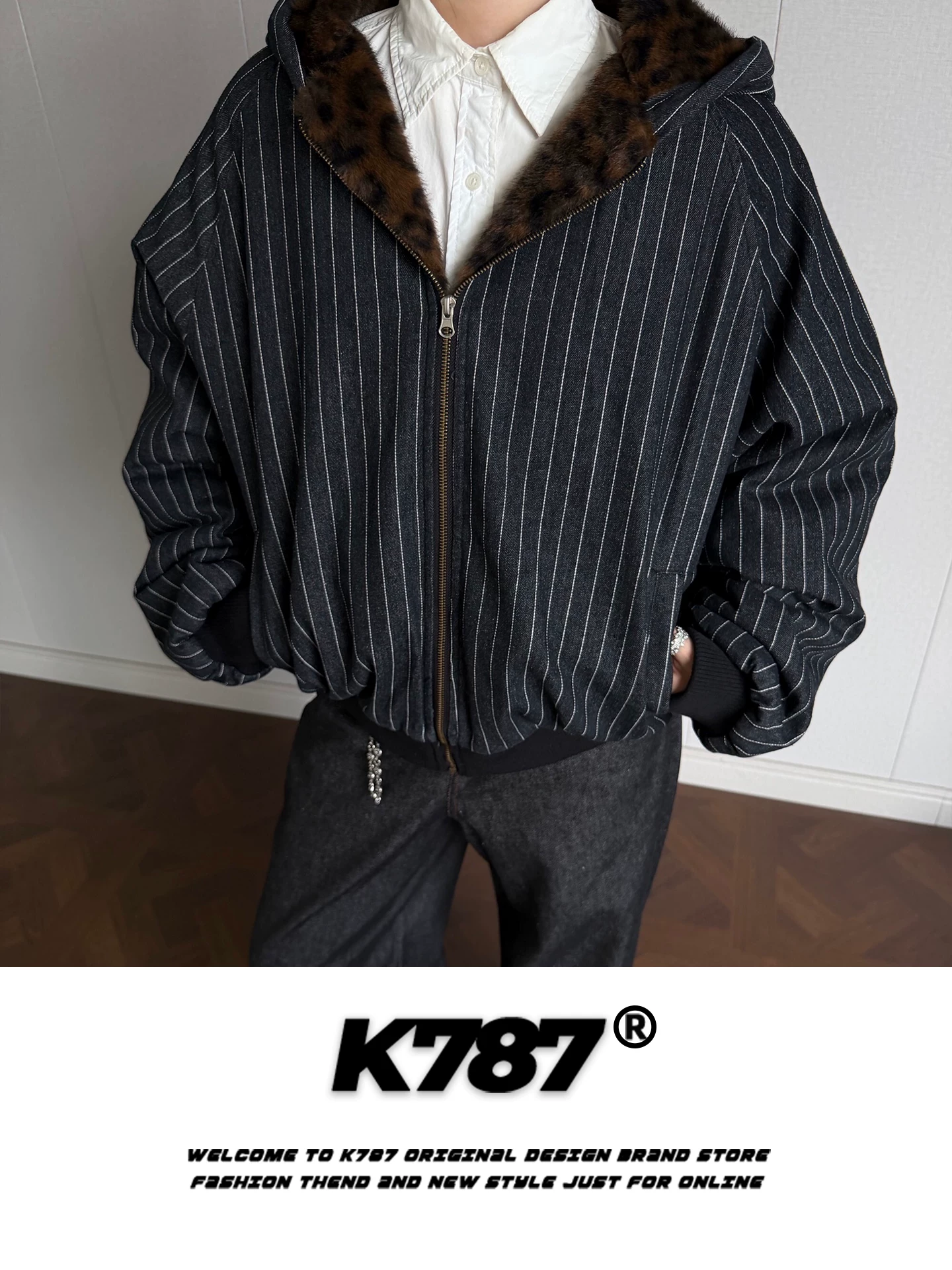 Áo khoác cotton có mũ trùm đầu họa tiết da báo cổ điển Mỹ K787 dành cho nam và nữ, áo khoác cotton có dây kéo ấm áp, kiểu dáng rộng, cổ điển, có lớp lót lông vũ