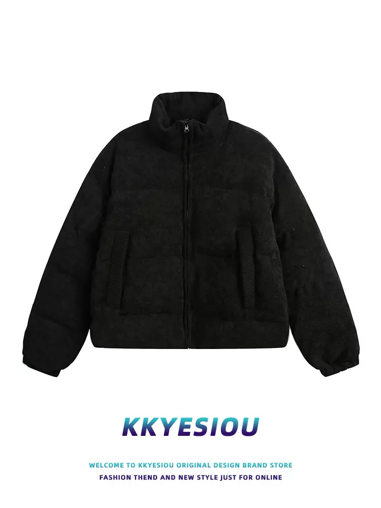 Áo khoác cotton cổ đứng dày dặn kiểu Mỹ cổ điển K787 dành cho nam và nữ, áo khoác cotton ngắn đi làm màu trơn cho mùa thu đông 2024.