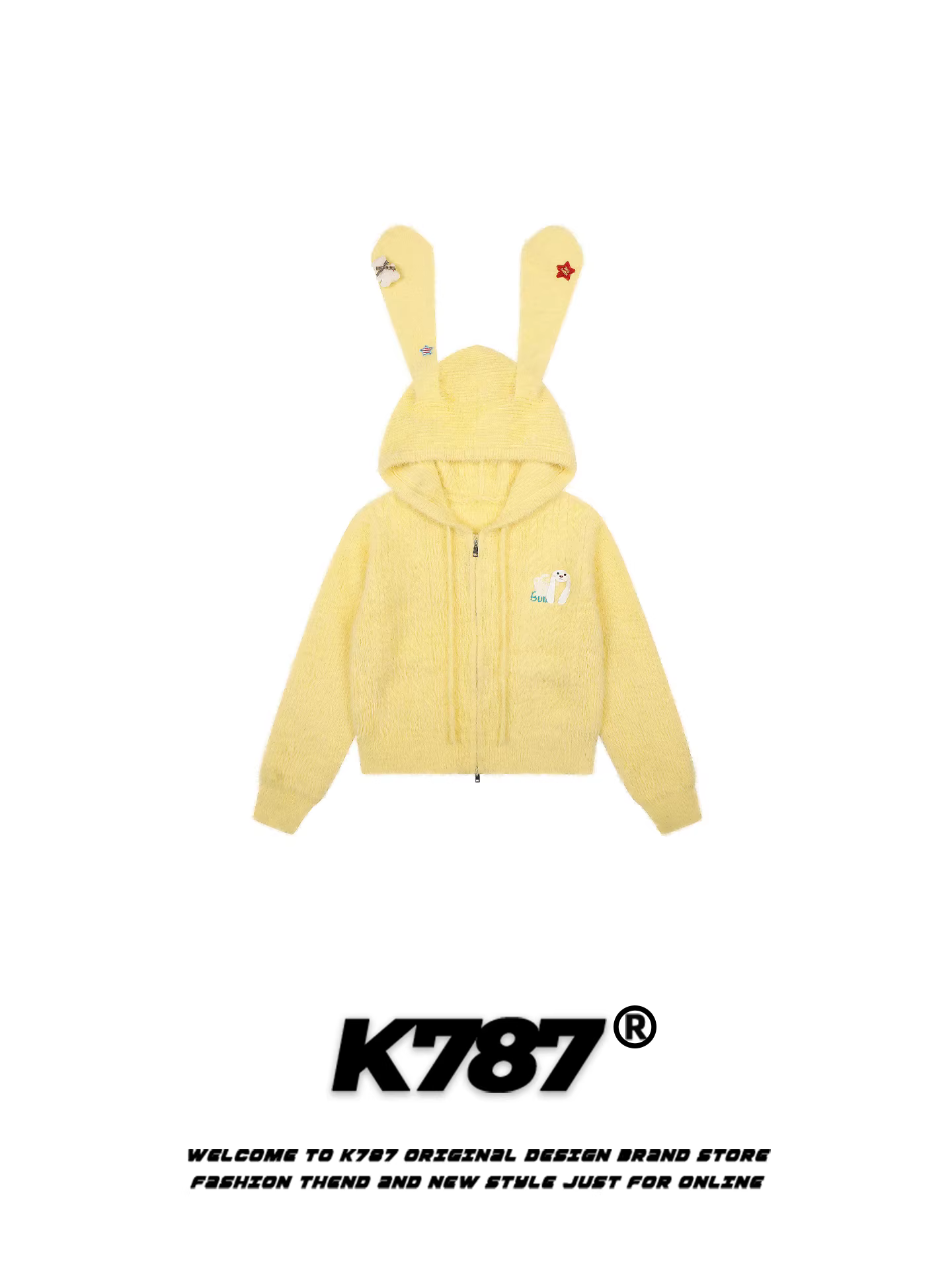 Áo len dệt kim có mũ tai thỏ kiểu Mỹ K787 dành cho nữ, mềm mại và trẻ trung, ấm áp, phong cách đại học, áo len ngắn có khóa kéo.