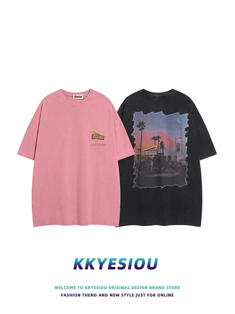Áo thun ngắn tay kiểu Hawaii của thương hiệu KKyesiou theo phong cách retro Mỹ dành cho nam và nữ, áo đôi màu hồng da ngoại cỡ