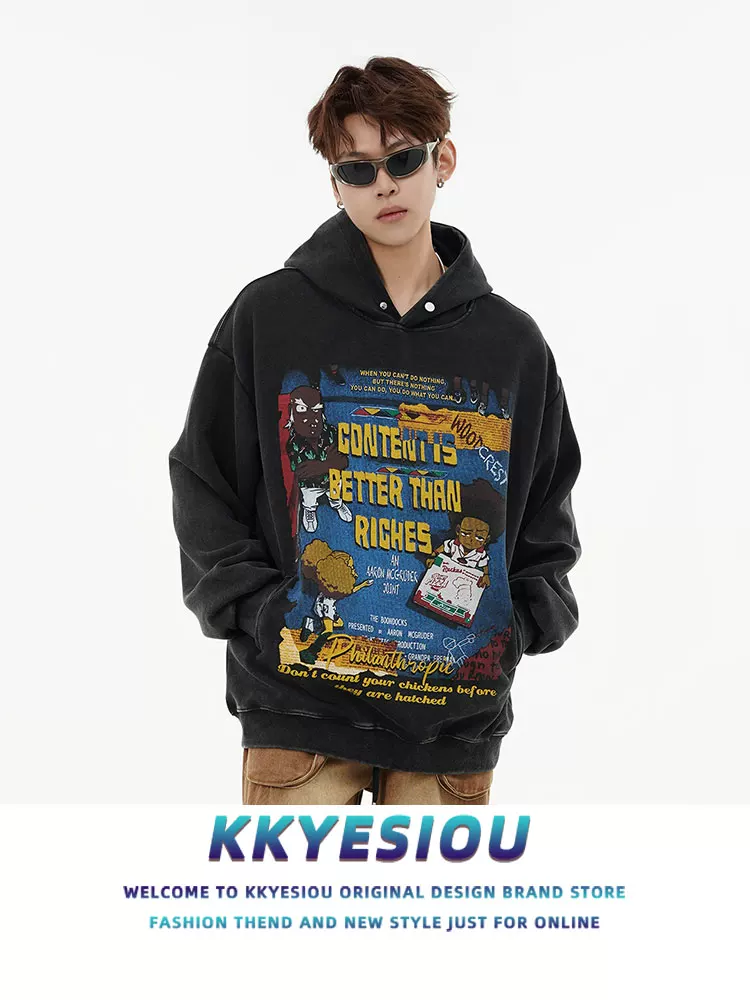 Áo khoác có mũ trùm đầu phong cách retro của Mỹ của KKyesiou dành cho nam và nữ, áo khoác cặp đôi thường ngày theo phong cách đường phố châu Âu và Mỹ