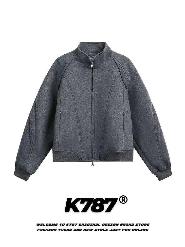 Áo khoác cổ đứng kiểu Mỹ cổ điển K787, phối vải ghép, unisex, dáng ôm gọn, màu trơn, rộng rãi, đa năng, áo khoác ngắn