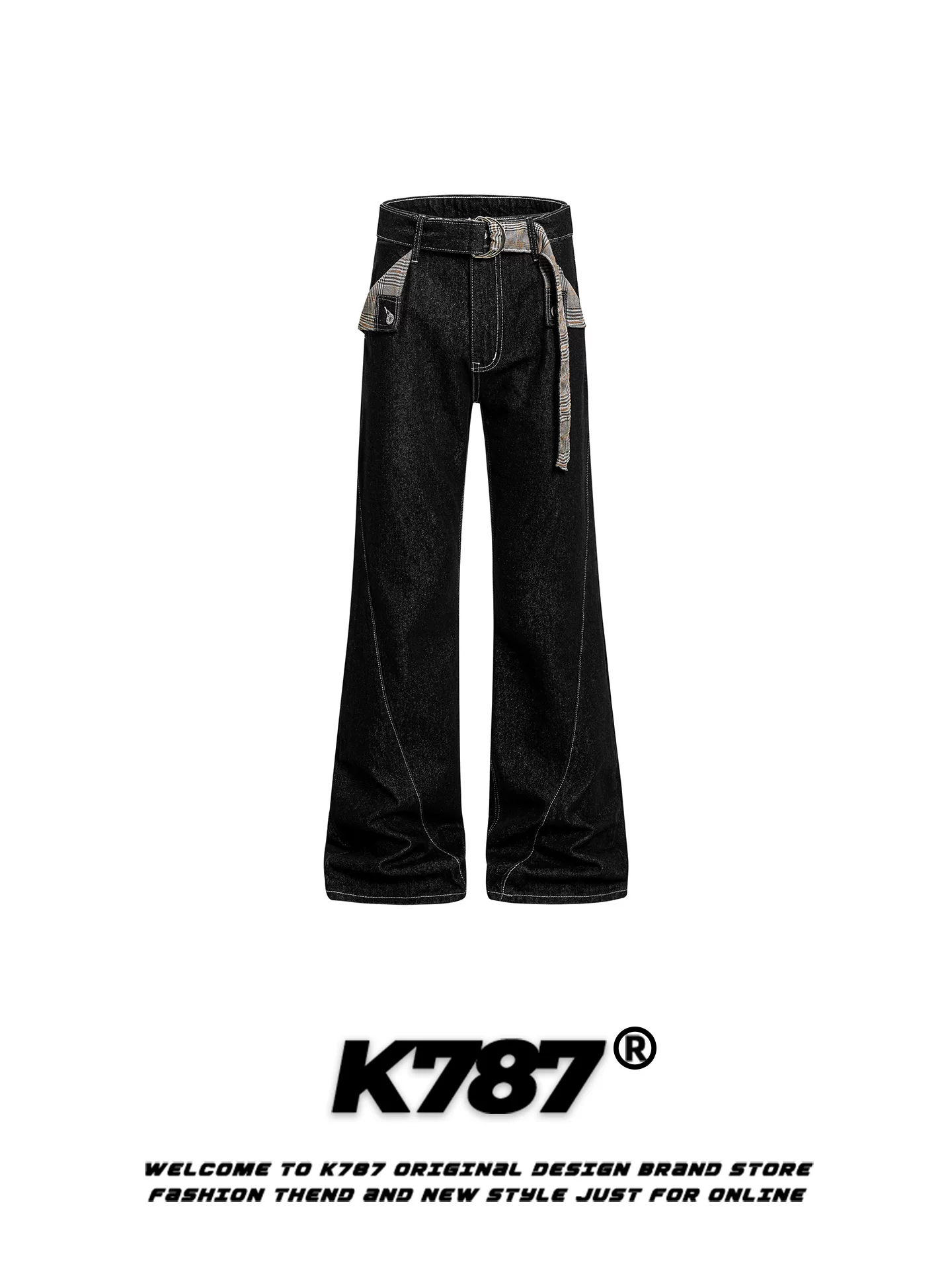 Quần ống loe họa tiết răng cưa kiểu Mỹ cổ điển K787, unisex, dáng rộng, tôn dáng, thời trang, cạp cao, dài chấm đất