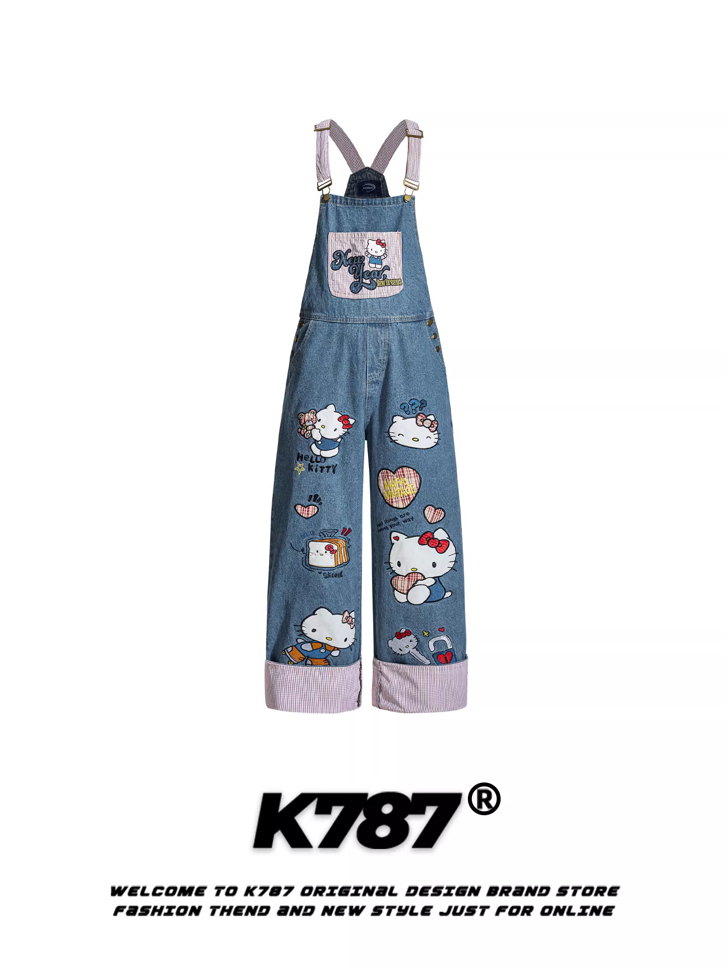 K787 Quần yếm denim hoạt hình mèo Kitty kiểu Mỹ dành cho nam và nữ, bộ áo liền quần dáng rộng, dáng thẳng, giảm tuổi tác, phong cách giản dị
