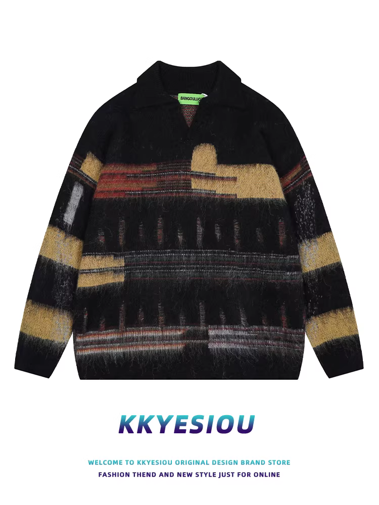 Áo len dệt kim kiểu dáng lười biếng, thiết kế sọc rách, dành cho nam và nữ, mùa thu đông 2024, kiểu cổ POLO, dành cho cặp đôi.