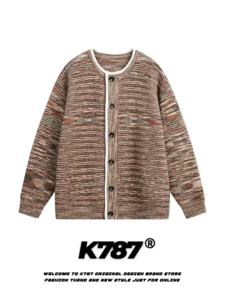 Áo cardigan len dệt kim cổ tròn phối màu phong cách retro Mỹ K787, kiểu dáng unisex, phong cách lười biếng, chất liệu dệt kim, kiểu dáng thường ngày.