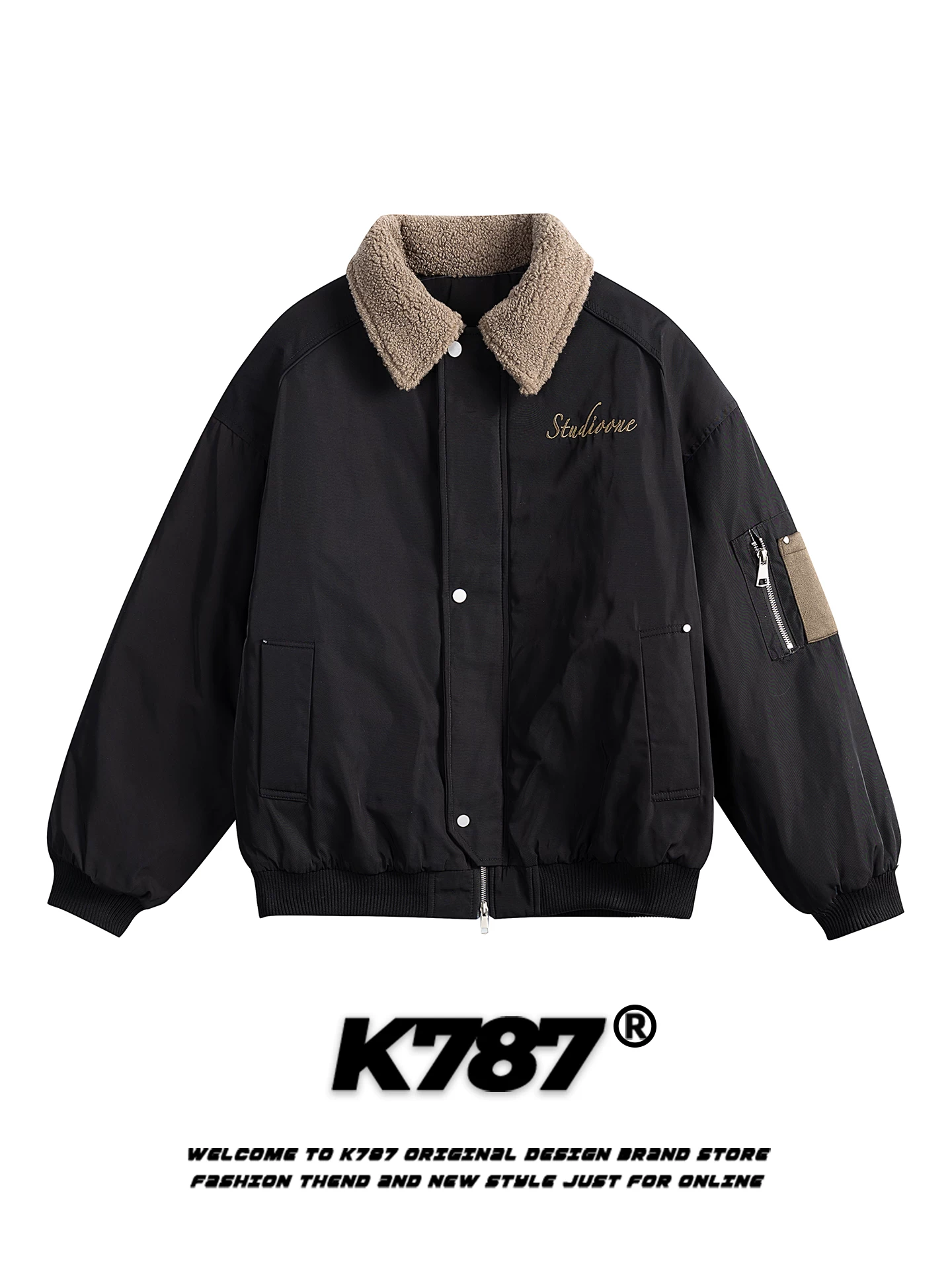 Áo khoác da dày phối lông cổ kiểu Mỹ cổ điển K787 màu hồng, chất liệu cotton dành cho nam và nữ, áo khoác cotton giữ ấm kiểu phi công, áo khoác đôi.
