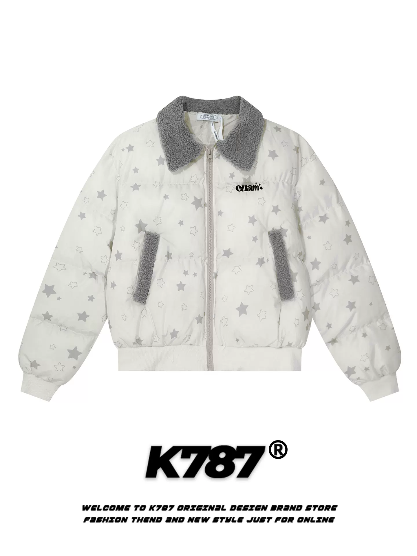 Áo khoác cotton cổ lông in hình sao đầy đủ phong cách retro Mỹ K787 dành cho nữ, phong cách ngọt ngào và cá tính, áo phao dày dặn ấm áp cho mùa đông.