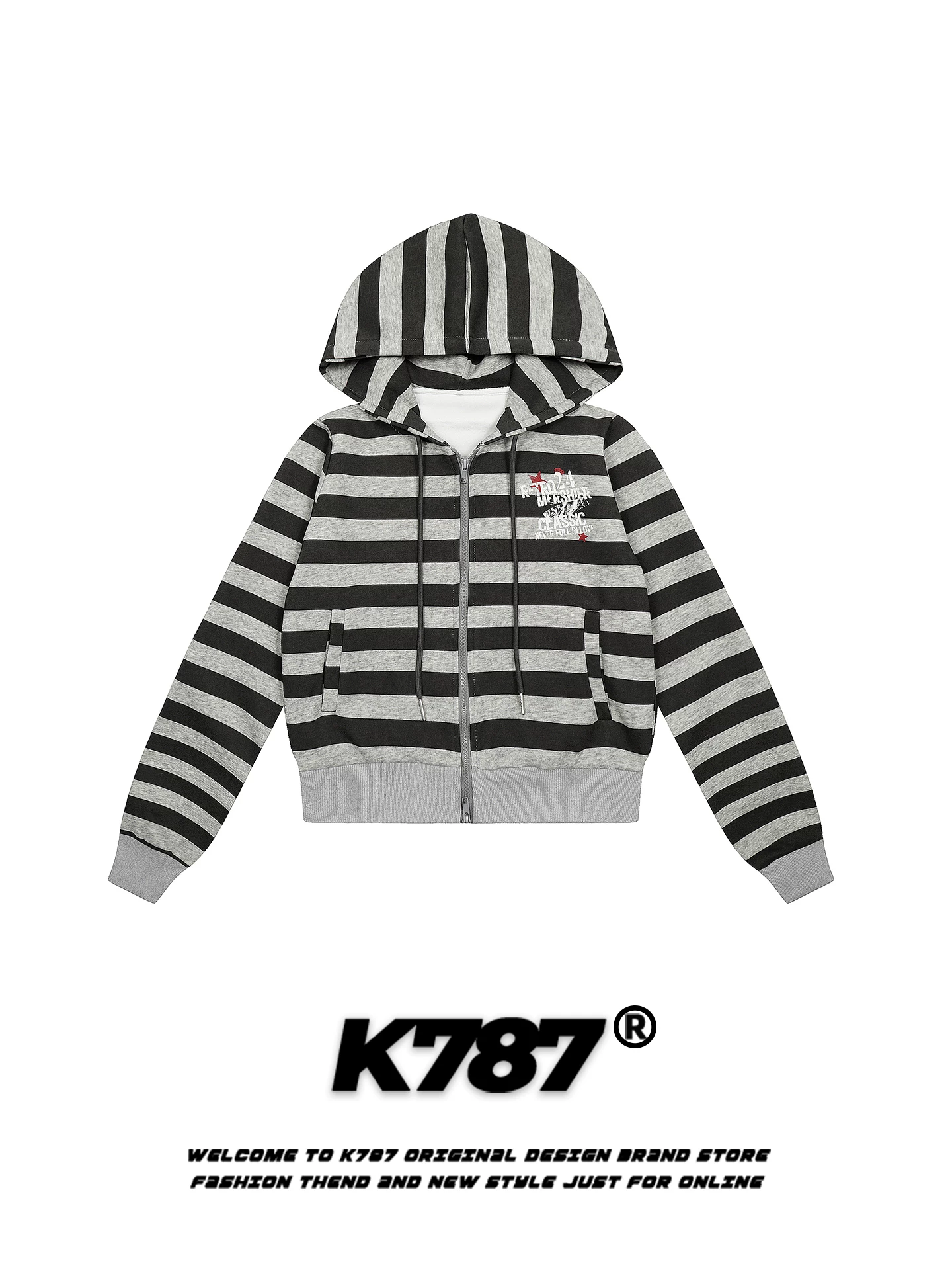 Áo hoodie thể thao sọc đường phố kiểu Mỹ K787 dành cho nữ, phong cách ngọt ngào và cá tính, dáng rộng, áo khoác ngắn có khóa kéo thể thao đi làm.