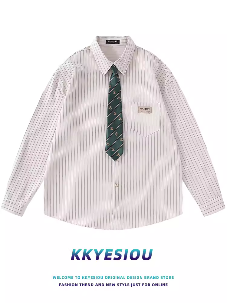 Áo sơ mi dài tay kiểu dáng cổ điển Mỹ, sọc, phong cách đại học, dành cho nam và nữ, thiết kế oversize, áo khoác đôi.