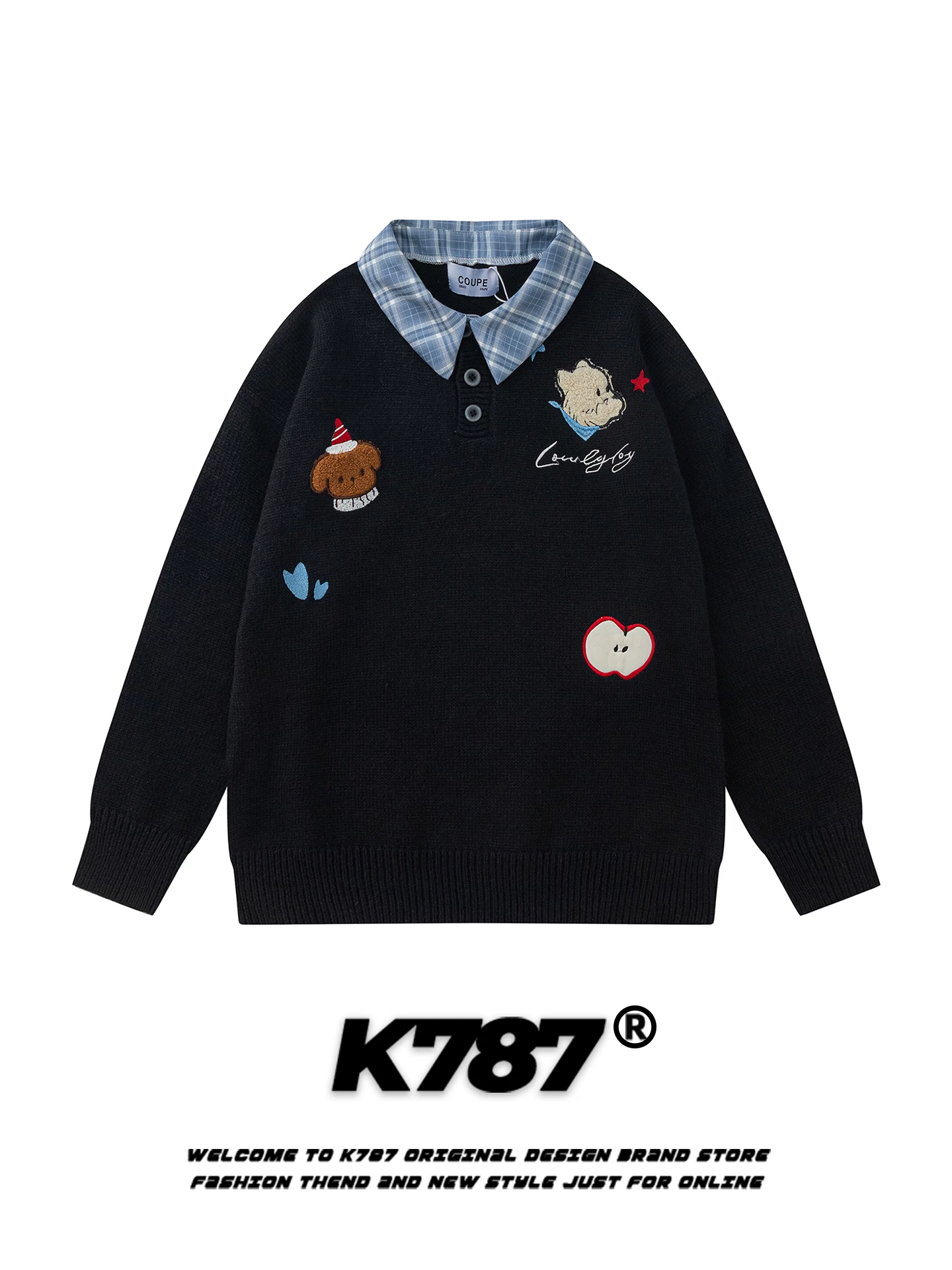 Áo sơ mi POLO thêu hình chú chó kiểu Mỹ K787 dành cho nữ, chất liệu len dệt kim phối họa tiết ca rô, kiểu dáng rộng rãi, phong cách sinh viên, dành cho cặp đôi