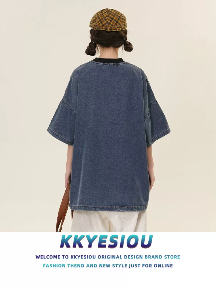 Áo thun ngắn tay thêu hình chuột thương hiệu KKyesiou hợp thời trang dành cho nam và nữ áo denim oversize đa năng dành cho cặp đôi