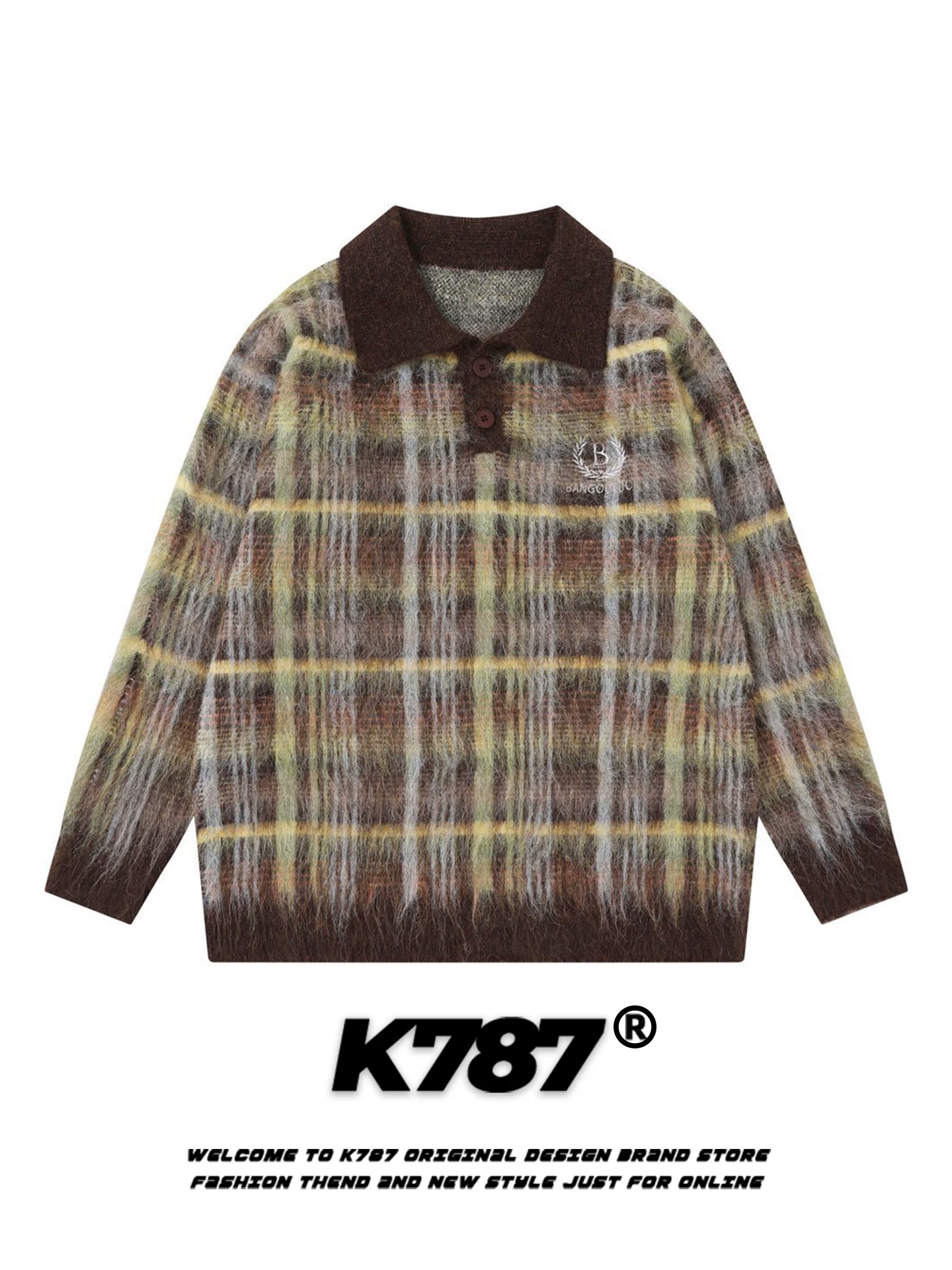 Áo len kẻ caro phối màu phong cách đường phố Mỹ K787, kiểu dáng unisex, rộng rãi, thoải mái, hợp thời trang, thương hiệu thời trang, dành cho cặp đôi.