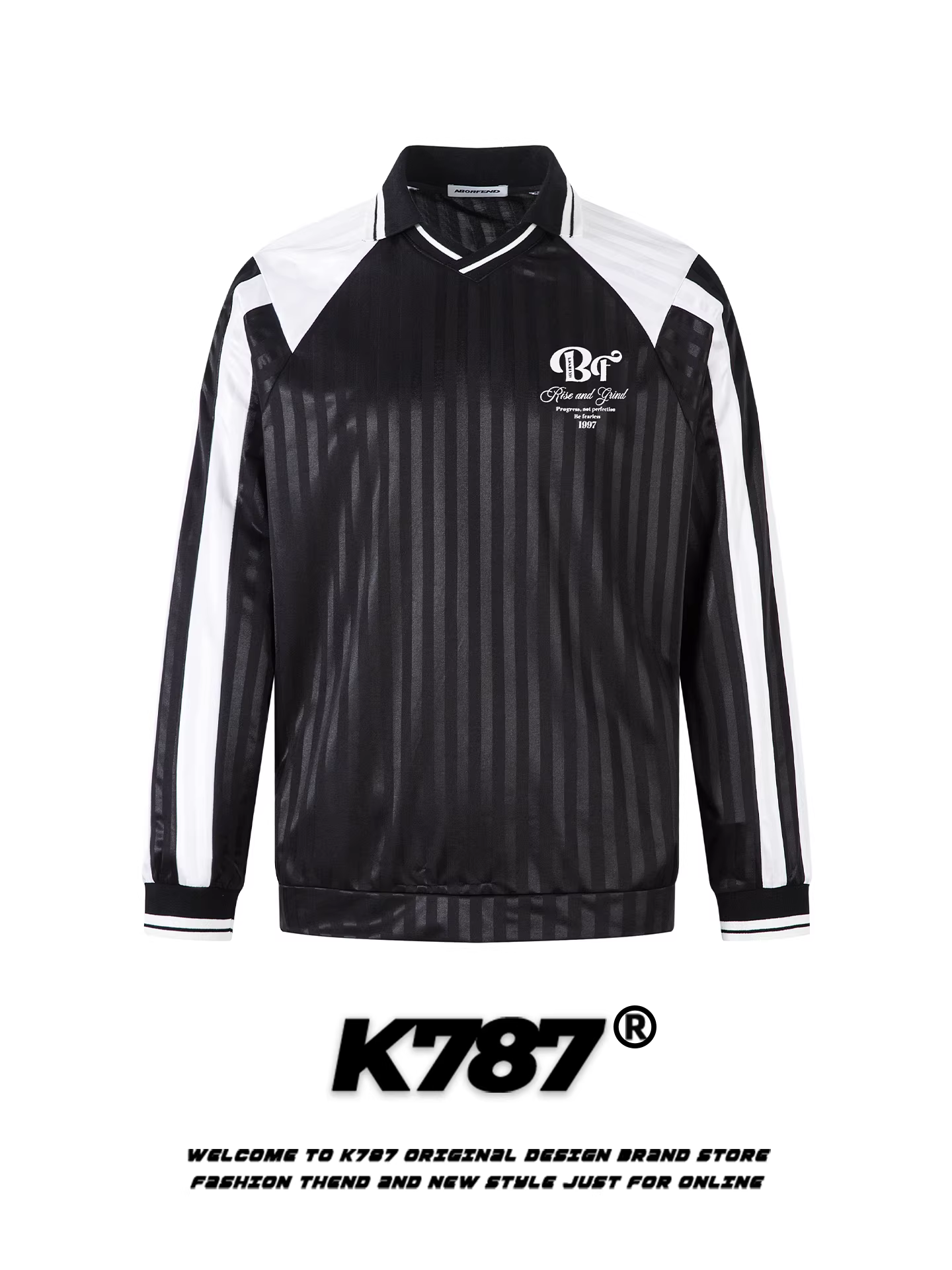 K787 Áo thun dài tay có cổ sọc dọc theo phong cách retro của Mỹ unisex phong cách thể thao jersey màu khối áo đôi dáng rộng