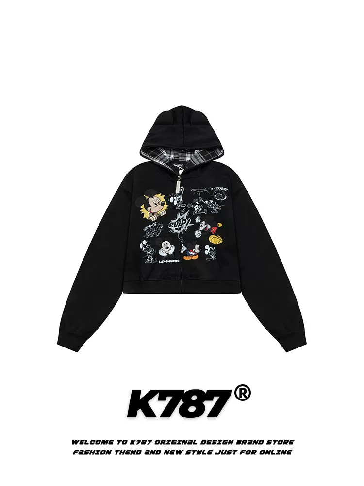 K787 khí quyển phim hoạt hình cổ điển Mỹ vui nhộn áo hoodie có mũ trùm đầu unisex dây kéo áo khoác màu đỏ trang phục cặp đôi phong cách ngắn