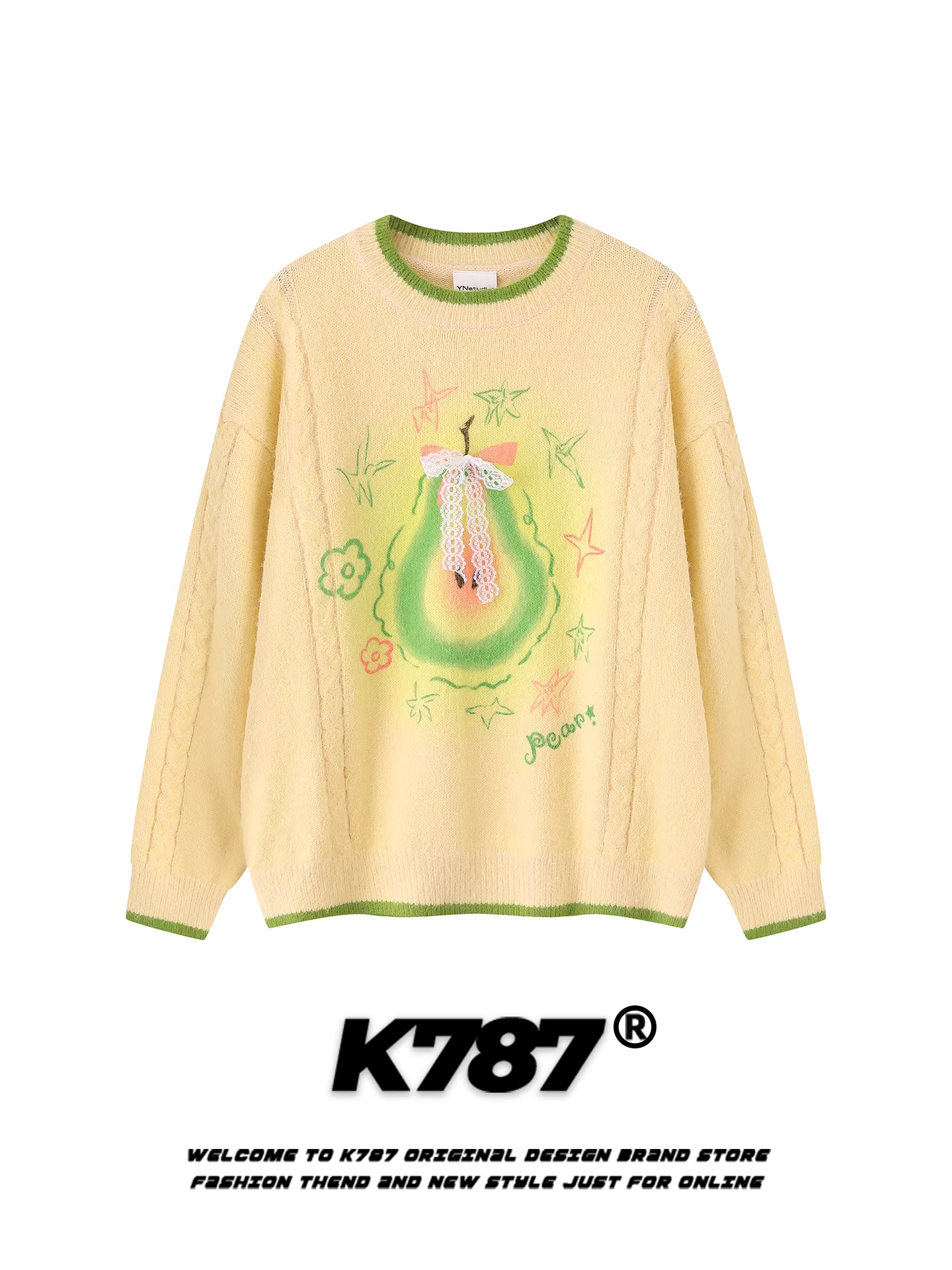 Áo len dệt kim cổ tròn kiểu Mỹ K787, chất liệu ren, họa tiết quả bơ, phong cách năng động, dành cho nữ, dáng rộng, phối màu, kiểu áo khoác học sinh.