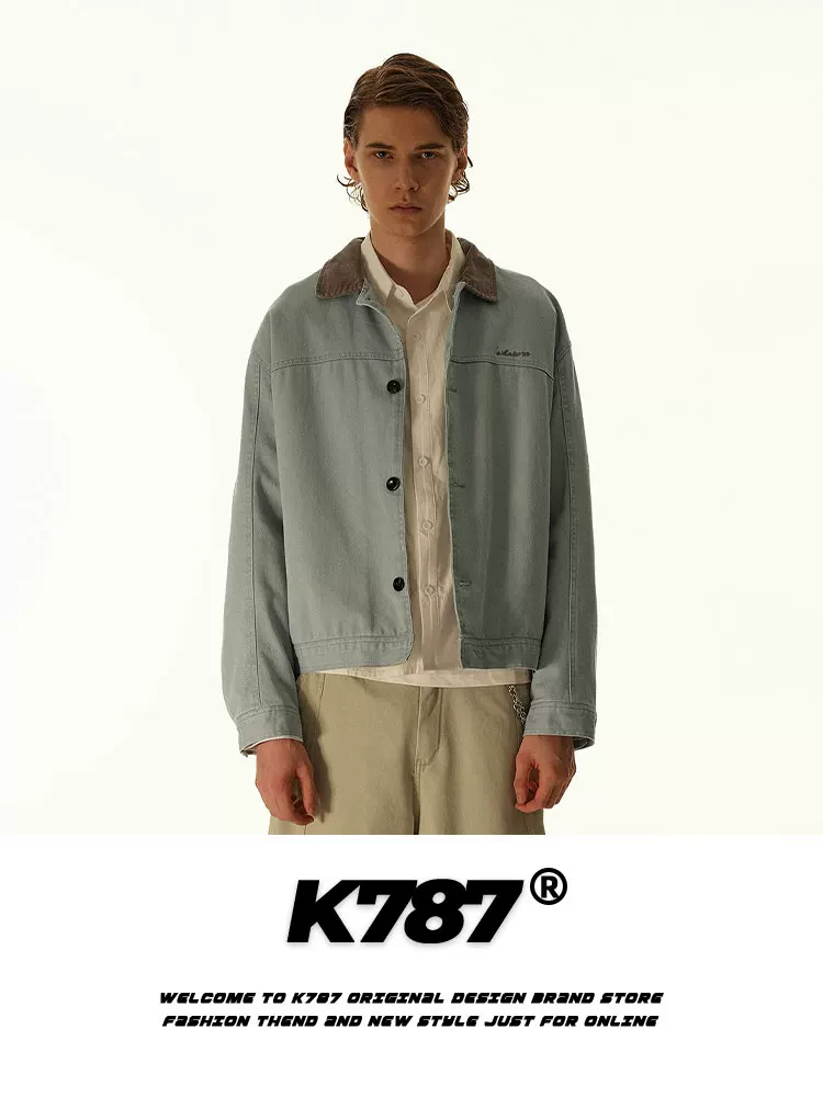 Áo khoác ngắn kiểu dáng unisex K787 phong cách Mỹ cổ điển, phối màu, cổ trụ, thương hiệu thời thượng, phong cách cleanfit, kiểu dáng nhà kho, áo khoác công nhân.