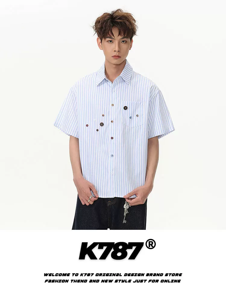 K787 Mỹ retro nút chắp vá sọc ngắn tay áo sơ mi unisex phong cách đại học đa năng giản dị cặp đôi hàng đầu mùa hè