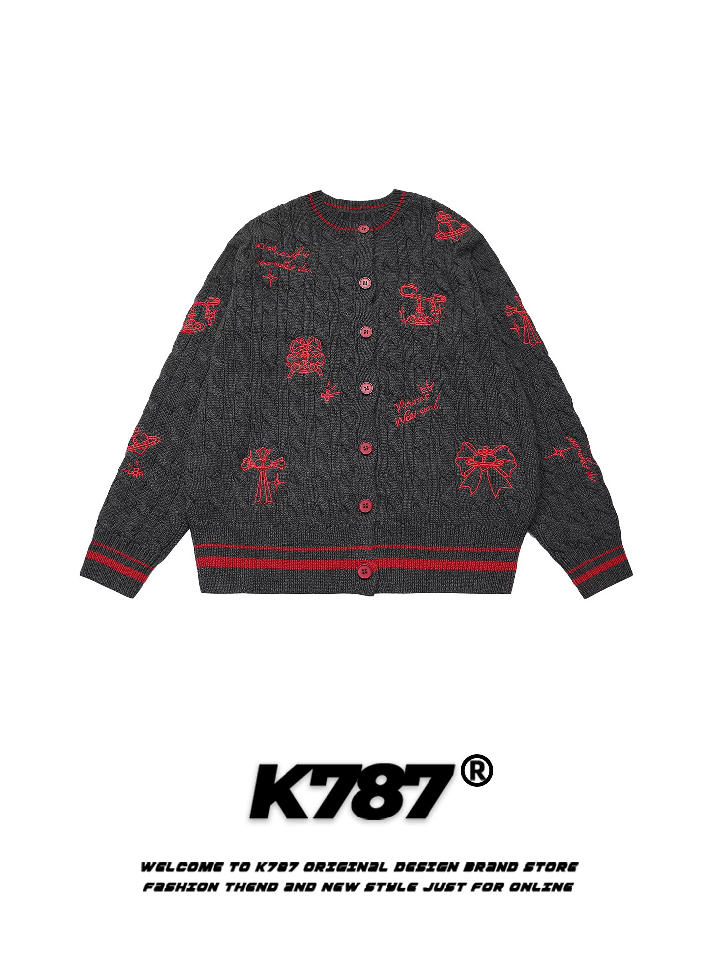 Áo len cardigan cổ tròn thêu kiểu Mỹ cổ điển K787 dành cho nữ, ôm dáng, eo thon, áo khoác ngắn dệt kim