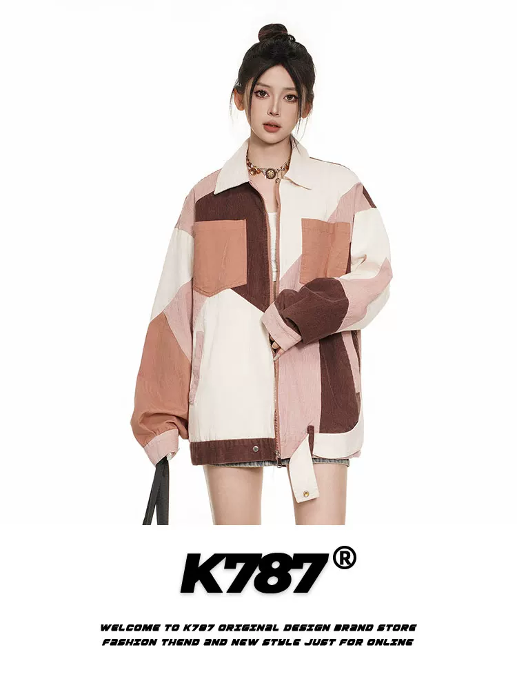 Áo khoác phối màu phong cách retro Mỹ K787 dành cho nam và nữ, thiết kế độc đáo, đa năng, áo đôi mùa xuân 2025