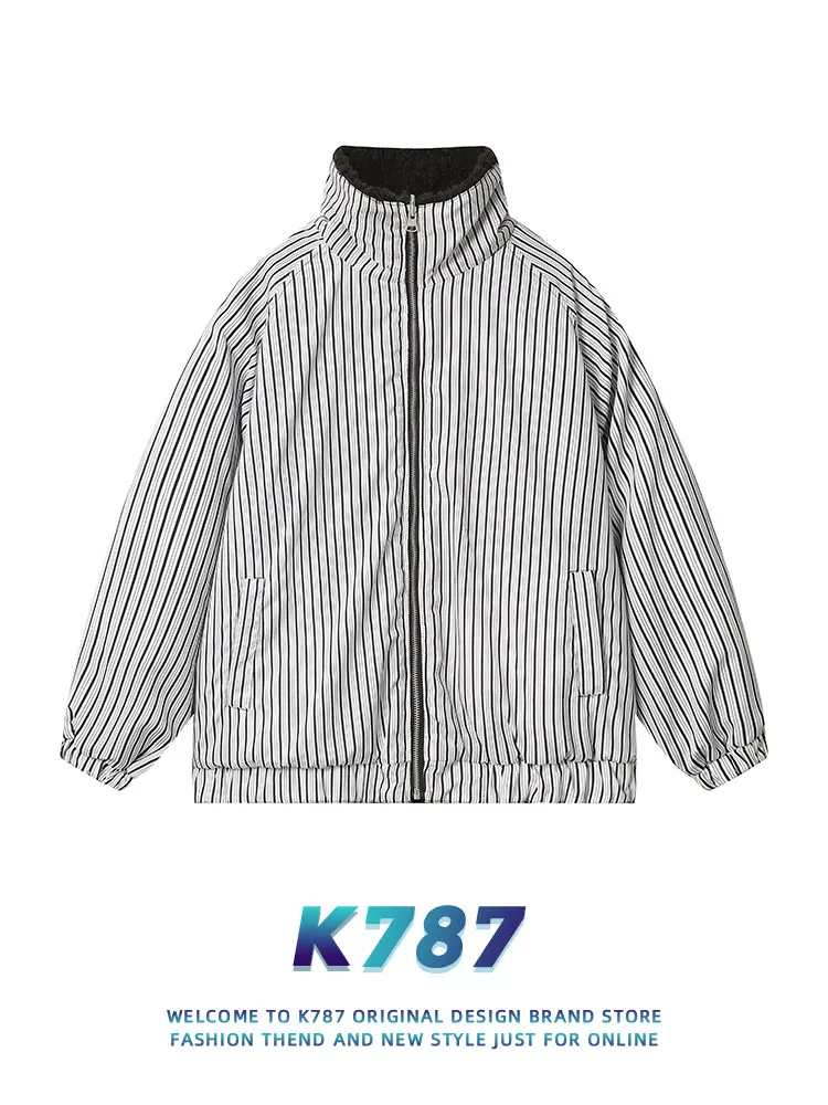 Áo khoác cotton dày dặn hai mặt kẻ sọc kiểu Mỹ cổ điển K787 dành cho nam và nữ, mùa đông 2024, áo khoác đôi