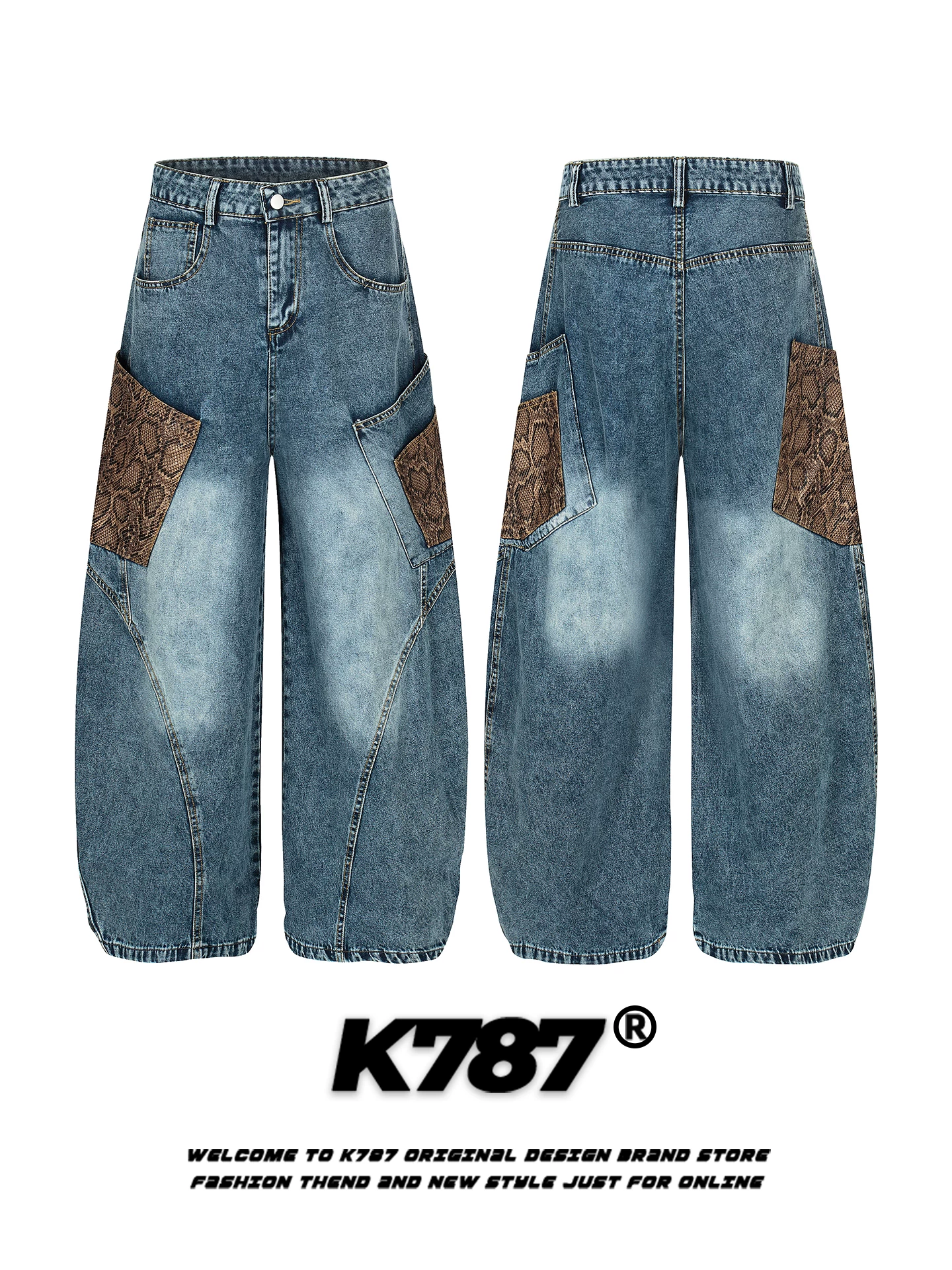 Quần jeans ống rộng unisex kiểu Mỹ K787, họa tiết da rắn phối vải, thiết kế hip-hop thời thượng, phong cách đường phố, kiểu dáng casual.