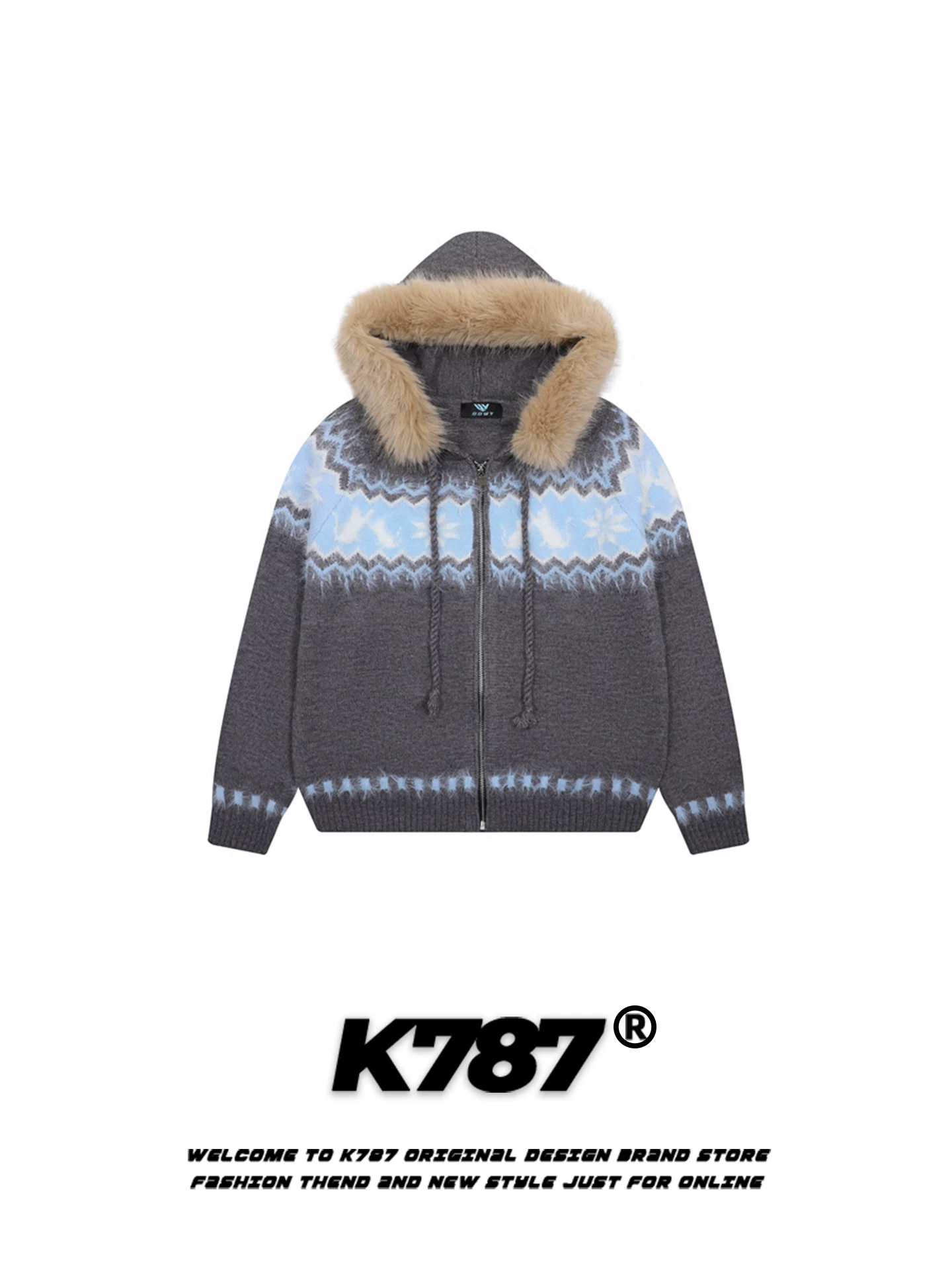 Áo len nữ K787 kiểu Mỹ, cổ lông cừu Fair Isle, có mũ, dáng rộng, phong cách thoải mái, ấm áp mùa thu đông, kiểu áo khoác ngắn dệt kim.