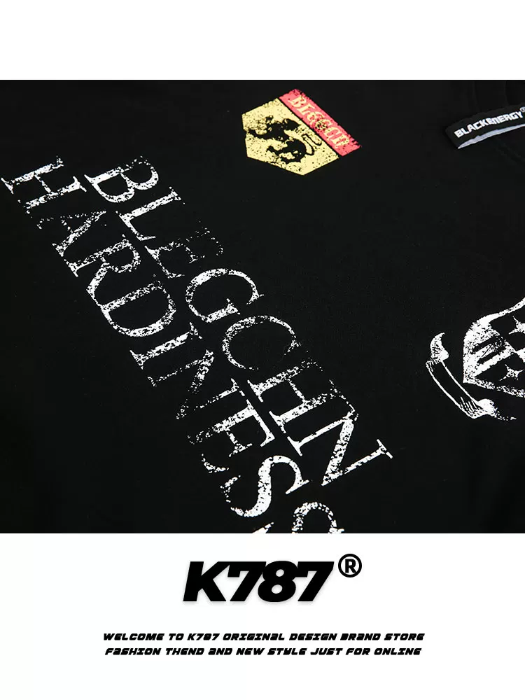 K787 Áo thun cổ lọ in họa tiết sọc cổ điển kiểu Mỹ unisex phong cách hip-hop, dáng dài bất quy tắc, tay dài
