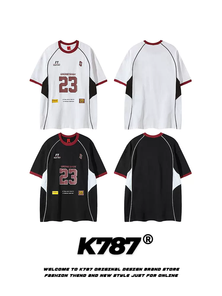 K787 Áo thun thể thao cổ điển kiểu Mỹ đa năng phối màu ngắn tay unisex blokecore áo thun cặp đôi jersey tee