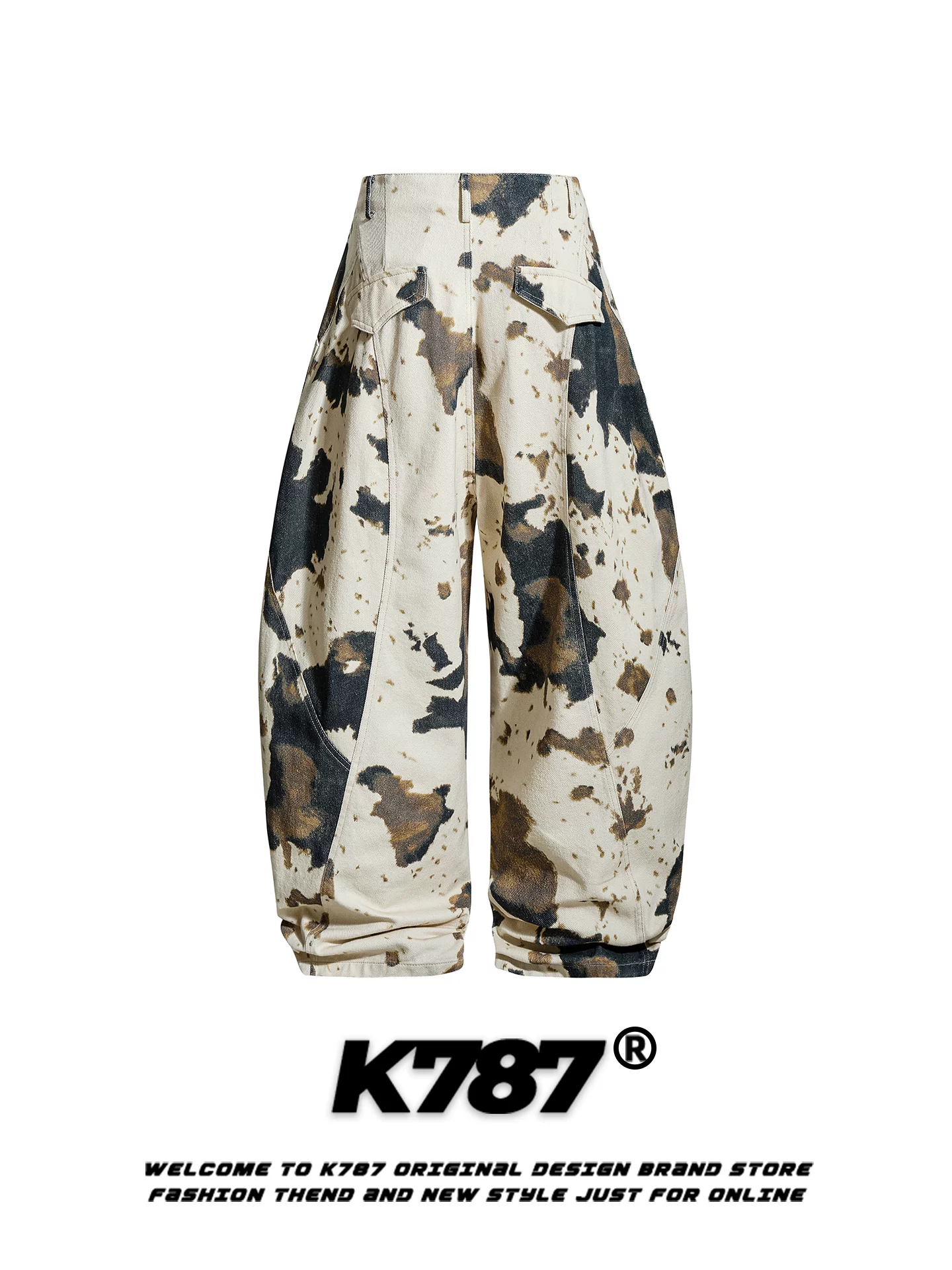 Quần jeans K787 kiểu Mỹ cổ điển, nhuộm tie-dye, dáng scimitar, unisex, xu hướng quốc dân, rộng rãi, thoải mái, cạp cao, ống rộng, kiểu cargo